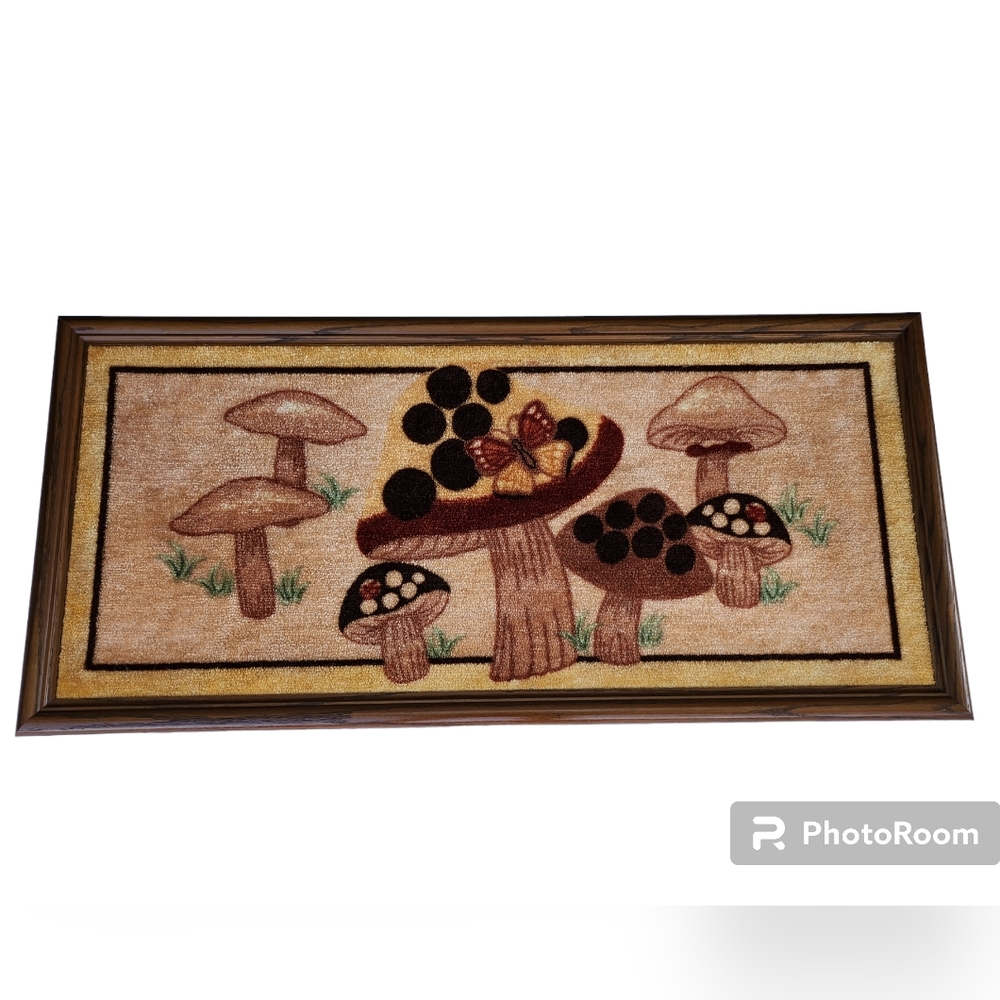 VERY RARE Vtg Framed Mushroom Rug 1970's Not A Latch Hook Large 41 1/2" x 20"
